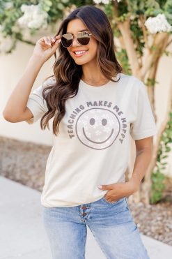 Promo ✔️ Pink Lily Teaching Makes Me Happy Cream Graphic Tee 🧨 -Tees Shop 219A2782 650x