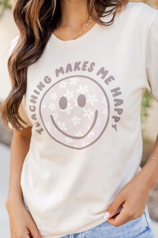 Promo ✔️ Pink Lily Teaching Makes Me Happy Cream Graphic Tee 🧨 -Tees Shop