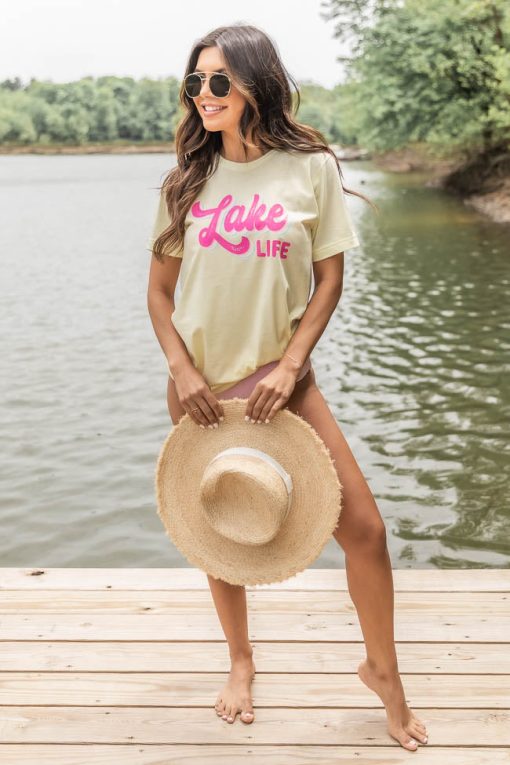 Best Sale 🥰 Pink Lily Lake Life Multi Pale Yellow Triblend Tee 💯 -Tees Shop