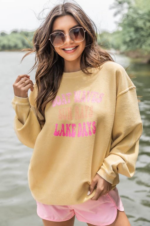 Coupon 🛒 Pink Lily Boat Waves Sun Rays Lake Days Gold Corded Graphic Sweatshirt ⭐ -Tees Shop