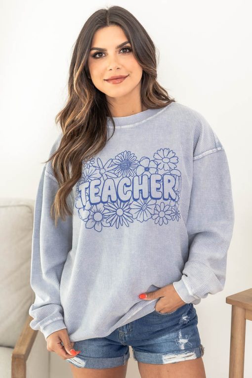 Cheap 🌟 Pink Lily Teacher Floral Faded Denim Corded Graphic Sweatshirt 😉 -Tees Shop