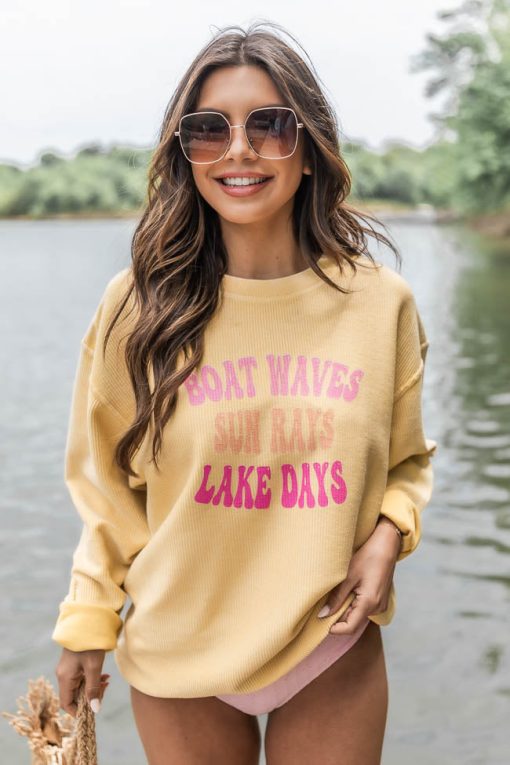 Coupon 🛒 Pink Lily Boat Waves Sun Rays Lake Days Gold Corded Graphic Sweatshirt ⭐ -Tees Shop