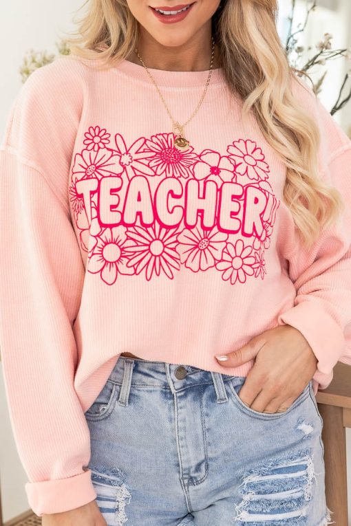 Outlet 😉 Pink Lily Teacher Floral Pink Corded Graphic Sweatshirt 🥰 -Tees Shop