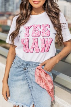 Wholesale ⭐ Pink Lily Yee Haw Stars White Graphic Tee 🌟 -Tees Shop 219A3395 650x