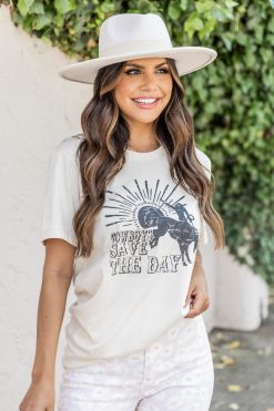 Promo ⌛ Pink Lily Cowboys Save The Day Cream Graphic Tee 🛒 -Tees Shop 219A4009 650x