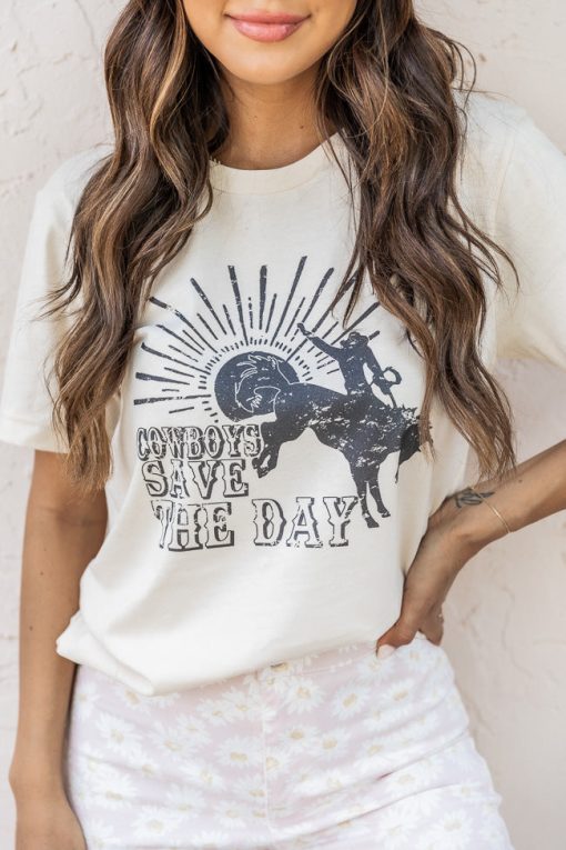 Promo ⌛ Pink Lily Cowboys Save The Day Cream Graphic Tee 🛒 -Tees Shop