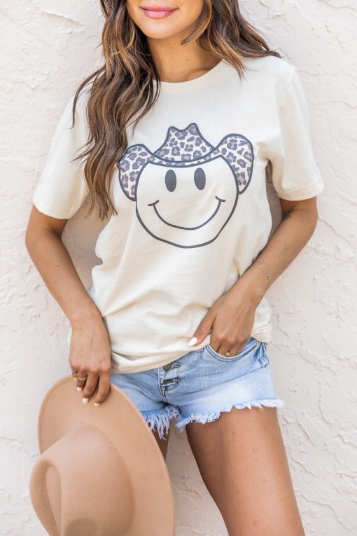 Flash Sale ⌛ Pink Lily Cowboy Leopard Smiley Cream Graphic Tee ⌛ -Tees Shop