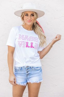 Best deal 🤩 Pink Lily Nashville 🥾 Boots White Graphic Tee 👍 -Tees Shop 219A4221 650x