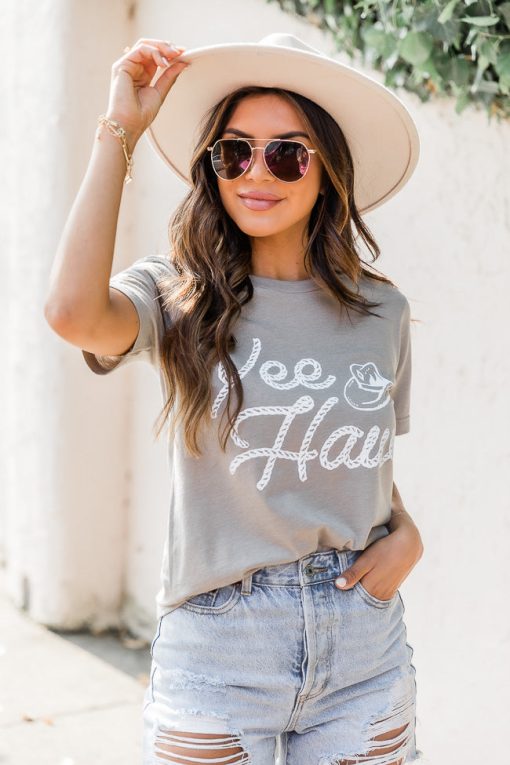 Deals 🎉 Pink Lily Yee Haw Script Heather Stone Graphic Tee 🤩 -Tees Shop