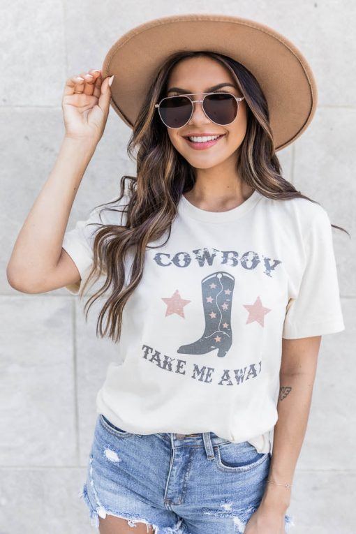 Hot Sale 🎉 Pink Lily Cowboy Take Me Away Grey Cream Graphic Tee 😀 -Tees Shop