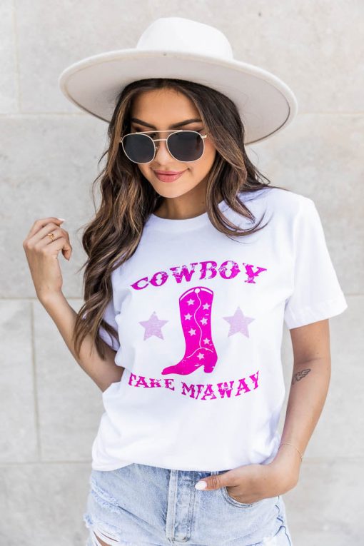 Best Pirce 💯 Pink Lily Cowboy Take Me Away Pink White Graphic Tee 💯 -Tees Shop