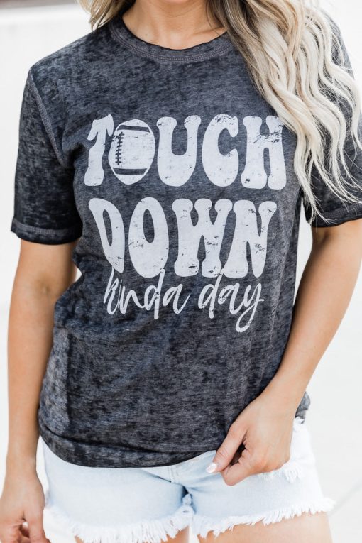 New ⭐ Pink Lily Touchdown Kinda Day Black Acid Wash Graphic Tee 🤩 -Tees Shop