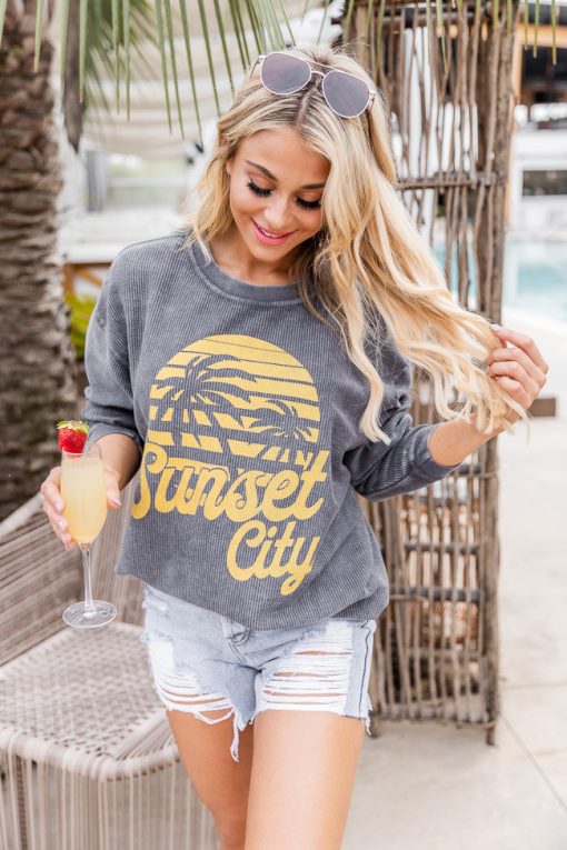 Discount 😍 Pink Lily Sunset City Charcoal Corded Graphic Sweatshirt 😍 -Tees Shop