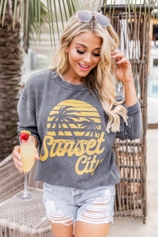 Discount 😍 Pink Lily Sunset City Charcoal Corded Graphic Sweatshirt 😍 -Tees Shop