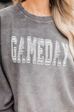 Brand new 😍 Pink Lily Gameday Distressed Charcoal Corded Graphic Sweatshirt 🌟 -Tees Shop 219A6552 650x