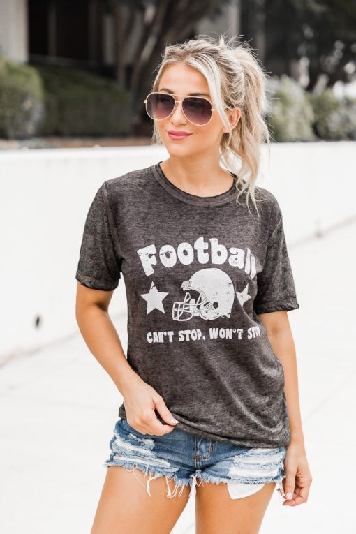 Best Sale 👍 Pink Lily Football Can't Stop Won't Stop Black Acid Wash Graphic Tee 🔔 -Tees Shop