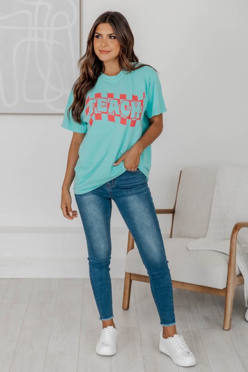 Discount 🧨 Pink Lily Checkered Teach Chalky Mint Graphic Tee 💯 -Tees Shop