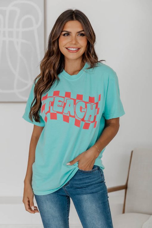 Discount 🧨 Pink Lily Checkered Teach Chalky Mint Graphic Tee 💯 -Tees Shop