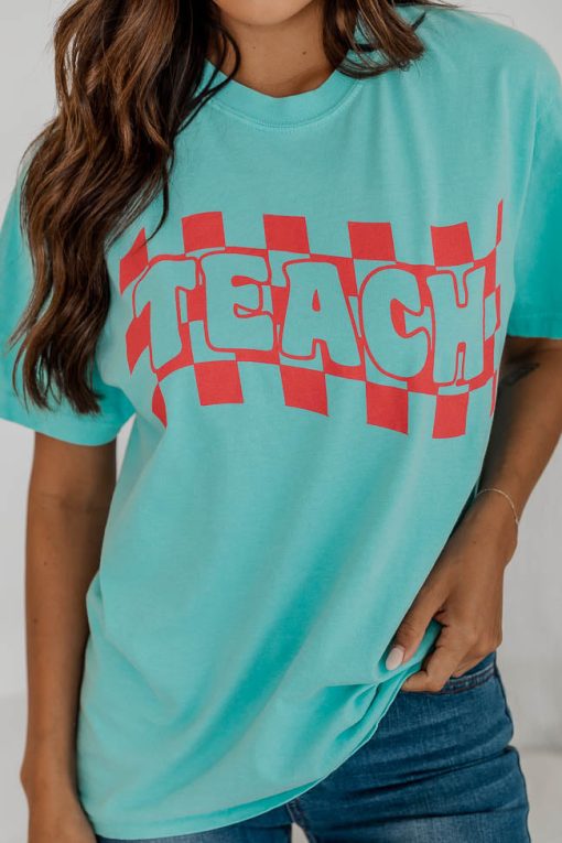 Discount 🧨 Pink Lily Checkered Teach Chalky Mint Graphic Tee 💯 -Tees Shop