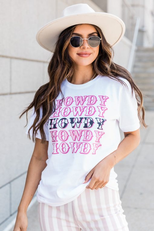 Budget 🛒 Pink Lily Howdy Howdy White Graphic Tee 🔔 -Tees Shop