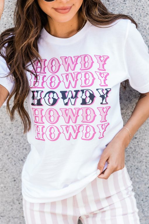 Budget 🛒 Pink Lily Howdy Howdy White Graphic Tee 🔔 -Tees Shop