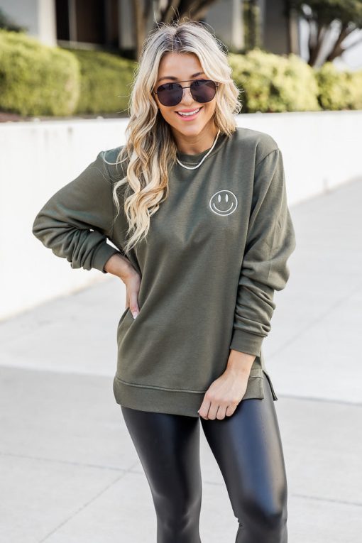 Promo 👏 Pink Lily Smiley Face Olive Graphic Sweatshirt ✔️ -Tees Shop