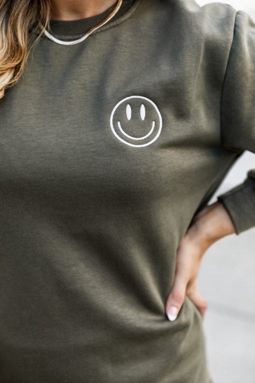 Promo 👏 Pink Lily Smiley Face Olive Graphic Sweatshirt ✔️ -Tees Shop