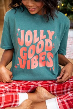 Flash Sale 🎁 Pink Lily Jolly Good Vibes Dark Green Graphic Tee ✔️ -Tees Shop 219A9190 650x