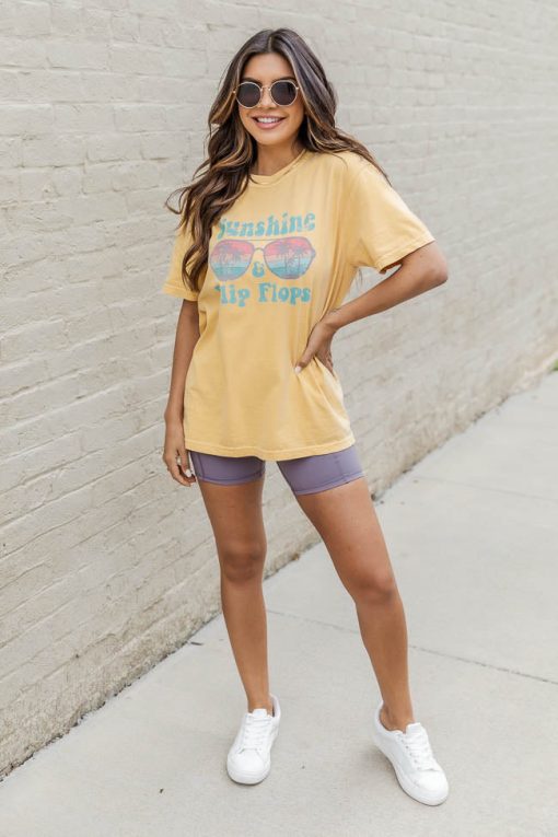 Best Sale 🛒 Pink Lily Sunshine And Flip Flops Mustard Graphic Tee 👍 -Tees Shop