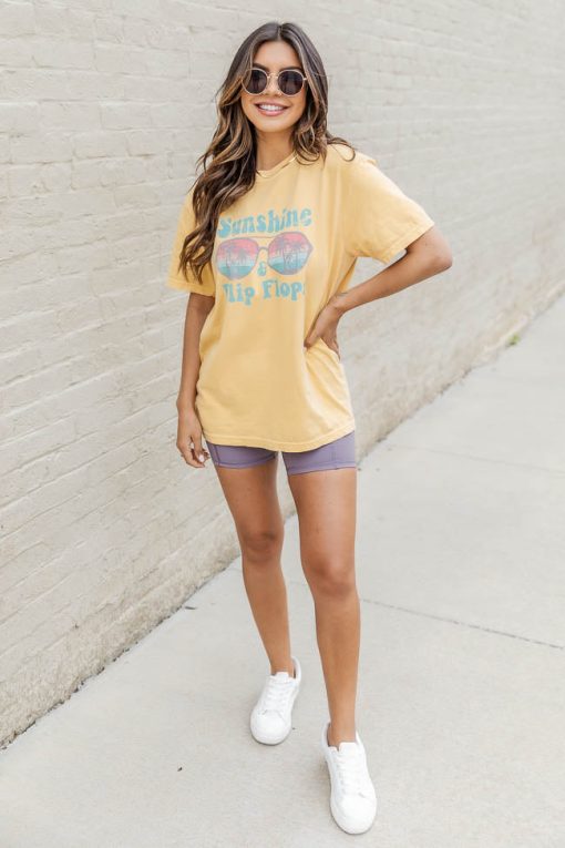 Best Sale 🛒 Pink Lily Sunshine And Flip Flops Mustard Graphic Tee 👍 -Tees Shop