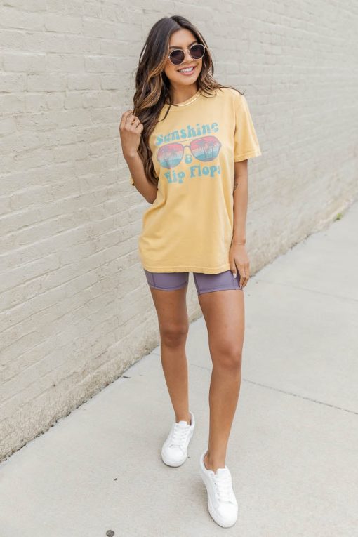 Best Sale 🛒 Pink Lily Sunshine And Flip Flops Mustard Graphic Tee 👍 -Tees Shop