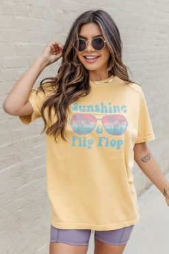 Best Sale 🛒 Pink Lily Sunshine And Flip Flops Mustard Graphic Tee 👍 -Tees Shop 219A9396 650x