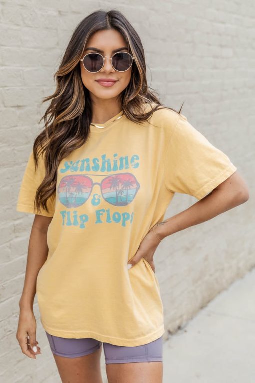 Best Sale 🛒 Pink Lily Sunshine And Flip Flops Mustard Graphic Tee 👍 -Tees Shop