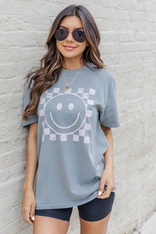 Top 10 ✔️ Pink Lily Cream Checkered Smiley Grey Graphic Tee 🤩 -Tees Shop