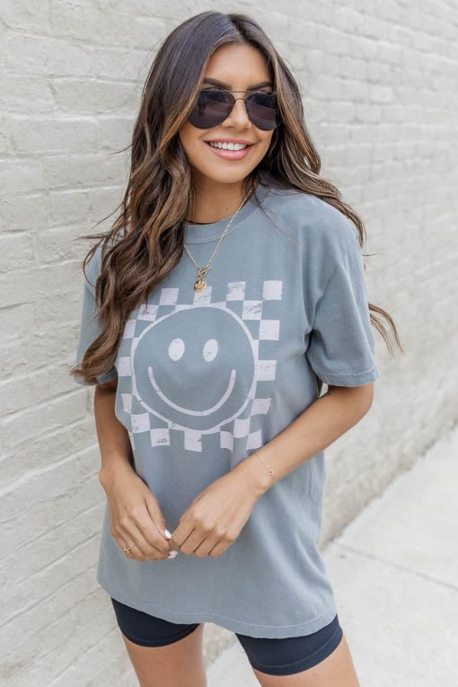 Top 10 ✔️ Pink Lily Cream Checkered Smiley Grey Graphic Tee 🤩 -Tees Shop