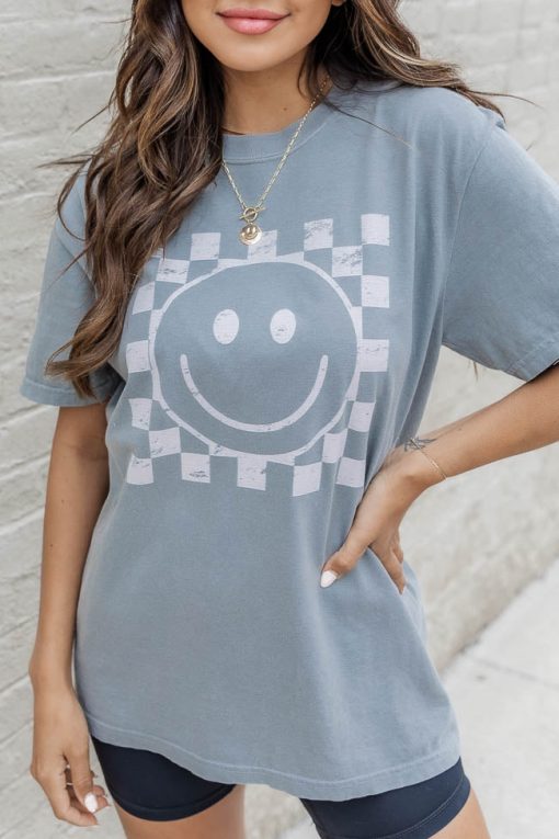 Top 10 ✔️ Pink Lily Cream Checkered Smiley Grey Graphic Tee 🤩 -Tees Shop