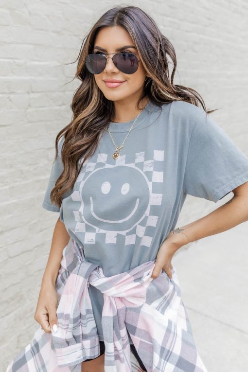 Top 10 ✔️ Pink Lily Cream Checkered Smiley Grey Graphic Tee 🤩 -Tees Shop