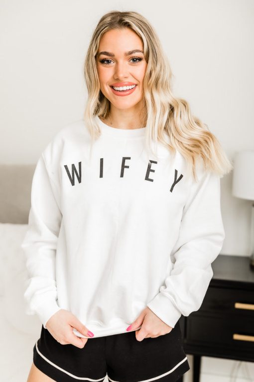 Discount 🥰 Pink Lily Wifey Block White Graphic Sweatshirt 🔔 -Tees Shop