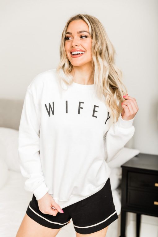 Discount 🥰 Pink Lily Wifey Block White Graphic Sweatshirt 🔔 -Tees Shop