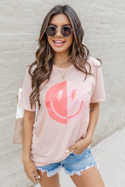 Cheapest 🌟 Pink Lily Lightning Bolt Smiley Peach Graphic Tee 🎉 -Tees Shop