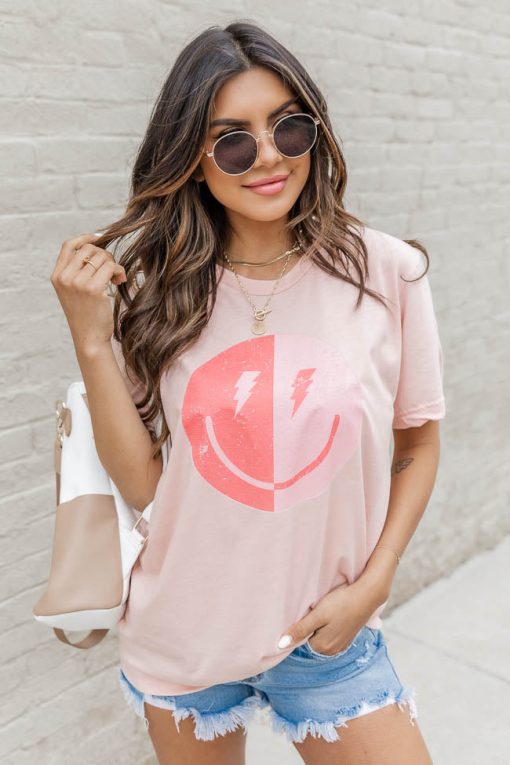 Cheapest 🌟 Pink Lily Lightning Bolt Smiley Peach Graphic Tee 🎉 -Tees Shop