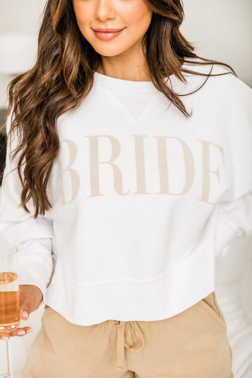 New 🧨 Pink Lily Bride Varsity White Cropped Corded Graphic Sweatshirt 🔔 -Tees Shop