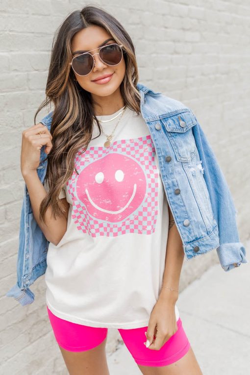 Cheapest 👏 Pink Lily Pink And Teal Checkered Smiley Ivory Graphic Tee 🎉 -Tees Shop