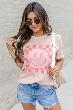 Top 10 🌟 Pink Lily Lightning Bolt Checkered Smiley Peach Graphic Tee 🧨 -Tees Shop 219A9676 650x