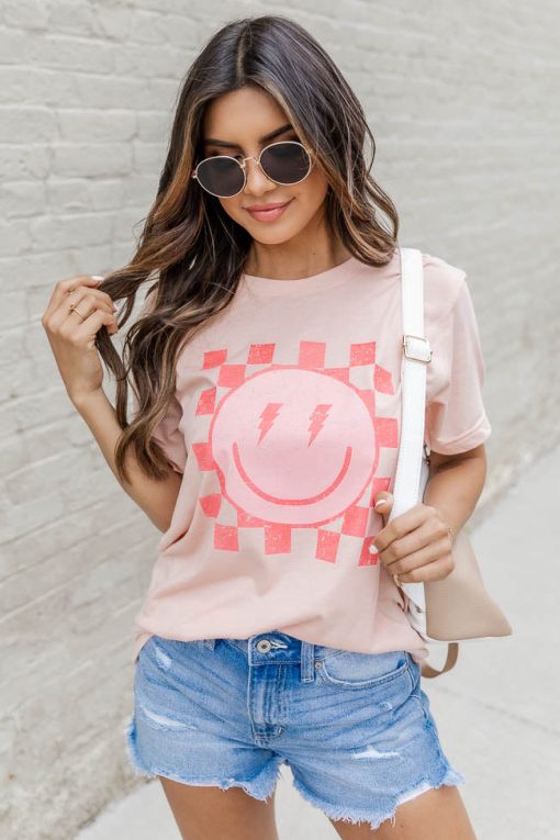 Top 10 🌟 Pink Lily Lightning Bolt Checkered Smiley Peach Graphic Tee 🧨 -Tees Shop