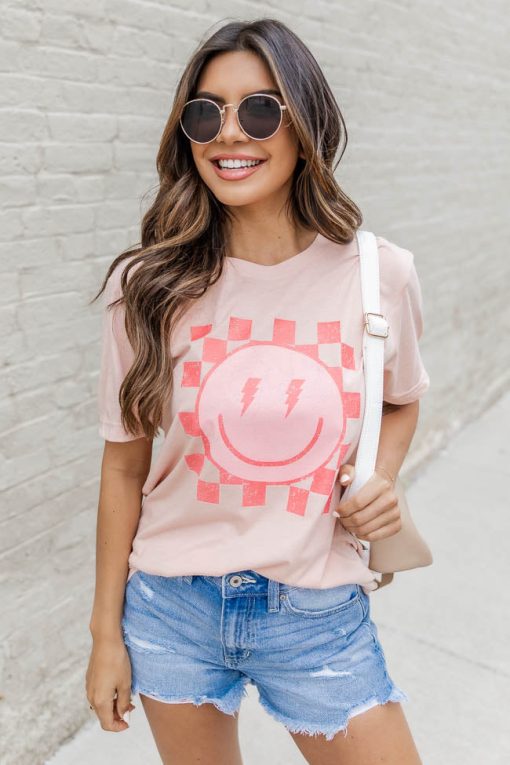 Top 10 🌟 Pink Lily Lightning Bolt Checkered Smiley Peach Graphic Tee 🧨 -Tees Shop