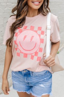 Top 10 🌟 Pink Lily Lightning Bolt Checkered Smiley Peach Graphic Tee 🧨 -Tees Shop 219A9686 650x