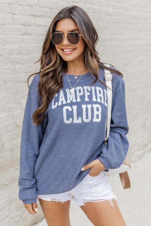 Best reviews of ⭐ Pink Lily Campfire Club Navy Graphic Corded Sweatshirt 🎉 -Tees Shop