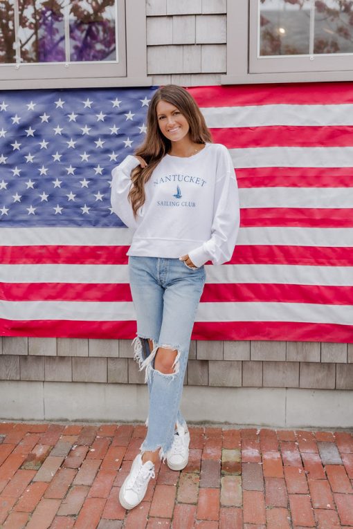 Wholesale 🧨 Pink Lily Nantucket White Cropped Corded Graphic Sweatshirt 🥰 -Tees Shop