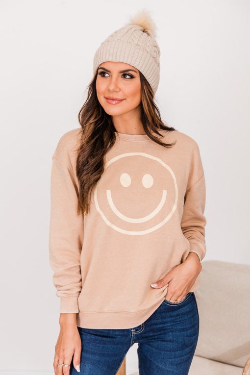 Cheapest 😀 Pink Lily Smiley Face Gold Graphic Sweatshirt 🎁 -Tees Shop